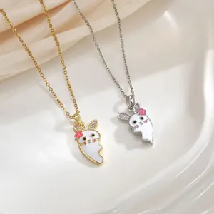 Cartoon bunny magnetic necklaces for best friends in white enamel gold and silver plating