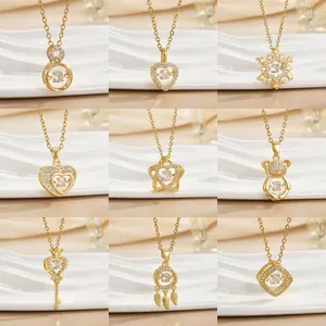 Collage of golden titanium steel necklaces featuring dancing heart and zircon pendants
