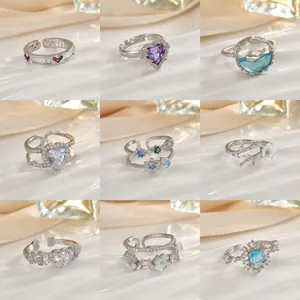 Anelli Aperti Regolabili in Rame Con Strass per Donna Moda Stile Coreano Cuore Fiore Animale Corona Gioielli Dolci Anelli da Dito