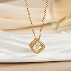 Elegant gold titanium steel necklace with square zircon pendant and dainty cross chain link