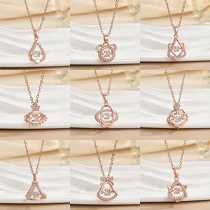 Elegante Roségold Kupfer Halskette Für Damen Mit Tanzendem Stein Strass Kleeblatt Herz Anhänger Halsschmuck Geschenk