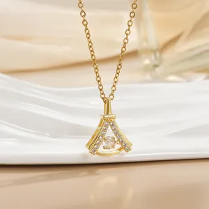 Elegant gold titanium steel necklace with a fan-shaped sparkling diamond heart pendant