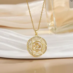 Macro detail of rotating gold titanium necklace with sparkling zircon geometric patterns