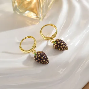 Minimalist 18K gold plated hoop earrings with elegant dark purple strawberry pendants