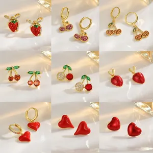 Fashion 18K Gold Plated Copper Fruit Earrings For Women Cute Strawberry Cherry Heart Zirconia Enamel Studs Hoops Drop Jewelry