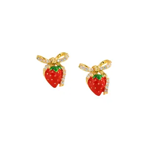 Chic 18K gold plated strawberry earrings with sparkling zircons and red enamel finish