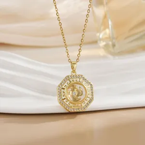 Rotating windmill pendant necklace in gold titanium steel with sparkling zircon accents