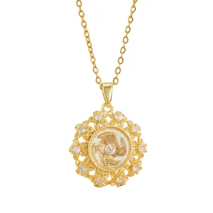 Rotating gold flower pendant necklace with white crystals and delicate titanium steel chain