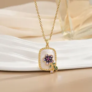 Vintage gold titanium necklace with purple flower enamel pendant and zircon crystals