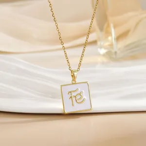 Golden titanium steel chain necklace with square white enamel Fé faith pendant charms