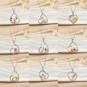 Heart Pendant Necklace For Women Mother's Day Gift Copper Rhinestone Animal Charm Love Inscribed Clavicle Chain Jewelry