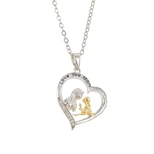 S925 silver heart necklace with gold mother and baby silhouette and Love You Mom engraving