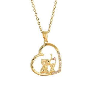 Zweifarbige Elefanten Mutter und Kind Herz Halskette mit weißen Zirkonia in Gold
