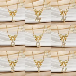 Elegant Gold Plated Copper Bow Alphabet Pendant Necklace For Women With Zirconia Inlaid Fashion Jewelry Daily Gift
