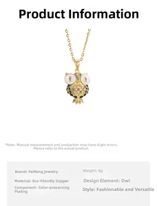 Detailed view of owl pendant in gold-plated eco-copper with multi-color stones