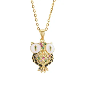 Chic gold-plated owl necklace with colorful crystals and black enamel on O-chain