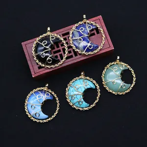 Natural Stone Crescent Moon Wire Wrapped Pendant Alloy Border Round Retro Boho Pendant Only For Women Jewelry DIY Making