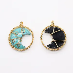 Natural crescent moon stone pendant with golden wire wrap in turquoise and black onyx