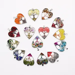 Heart Shape Tree Of Life Natural Stone Resin Wire Wrapped Pendant For DIY Necklace Jewelry Making Accessories
