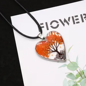 Tree of Life heart pendant necklace with orange natural crushed stones and silver wire