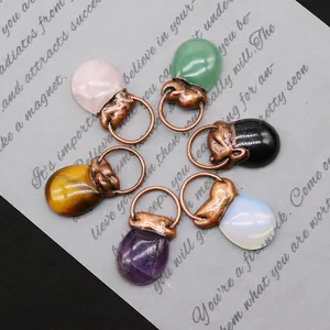 Sechser-Set ovale Naturstein-Anhänger mit Tigerauge und Opal sowie Kupferösen-Details