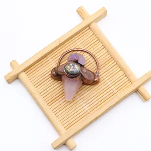 Detailweergave van de handgemaakte roze kristallen hanger met amethist en abalone schelp