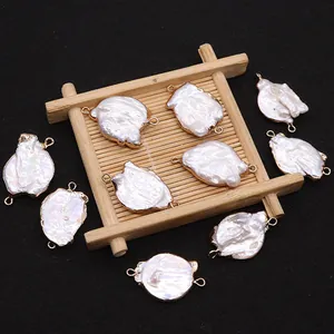 Natural Freshwater Artificial Baroque Pearl Connector Pendant Gold Plated Copper Edged Double Loop Charm For DIY Jewelry Making Women