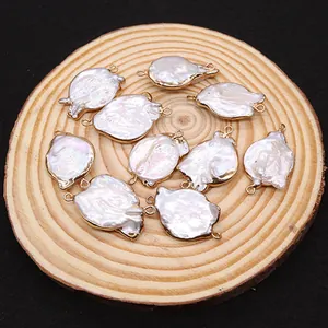 Ten baroque freshwater pearl connectors with gold-plated edges for DIY necklace jewelry making