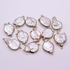 Natural Baroque pearl charms with gold edges and double loops for jewelry making