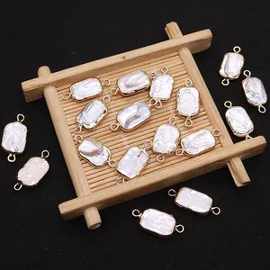 Natural Baroque Freshwater Pearl Rectangle Connector Gold Plated Copper Frame Double Loop Pendant For DIY Jewelry Making