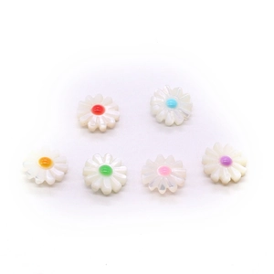 Natural white shell daisy beads set with colorful centers for DIY jewelry making