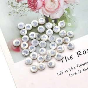 Flat round white pearl shell beads with silver heart print for DIY jewelry making