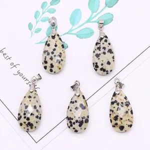 Set of five faceted Dalmatian Jasper teardrop pendants with silver metal clasps