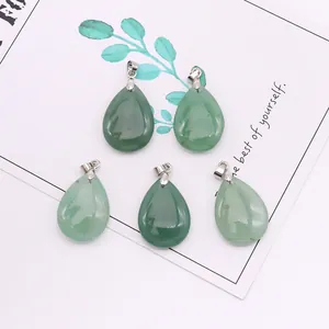 Set of five polished green aventurine teardrop pendants with silver metal bails