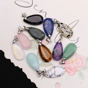 Assorted teardrop faceted natural stone pendants with silver clasps in various colors
