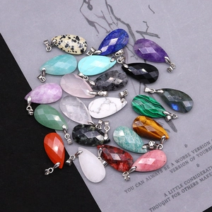 Assorted teardrop faceted natural stone pendants with silver metal bails for jewelry making