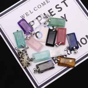 Rectangle natural stone pendants set with assorted crystal gemstones and silver metal bails