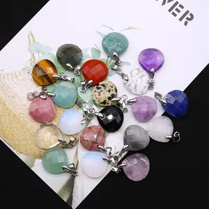Facet heart-shaped natural stone pendants in amethyst, tiger eye, and rose quartz set