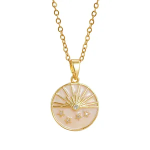 Elegant 18k gold plated necklace featuring a light pink enamel sun and stars pendant