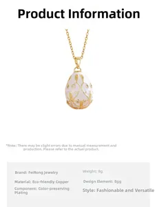 Detail specifications of the white enamel egg pendant necklace with gold vine patterns