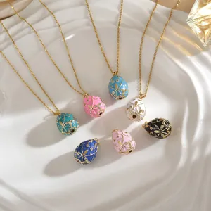 Vintage Enamel Egg Shaped Pendant Necklace Gold Plated Copper Floral Zirconia Jewelry For Women Easter Gift