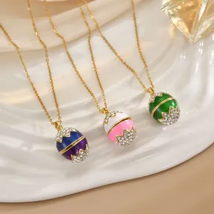 Collier Pendentif Œuf de Pâques Style Faberge Vintage Femmes Émail Strass Cuivre Incrusté Bijoux Chaîne de Clavicule
