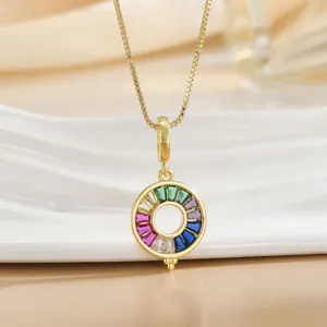 Elegant gold necklace featuring a vibrant rainbow zircon circle pendant on a fine square chain