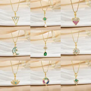 Fashion Gold Plated Copper Rhinestone Artificial Pearl Necklace For Women Light Luxury Star Moon Geometric Pendant Clavicle Chain Jewelry