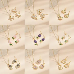 Mode Titanstahl Kupfer Schmuck Halskette Und Ohrringe Kombi Für Damen Strass Künstliche Perle Blumen Herz Anhänger Elegante Schmuck Geschenke