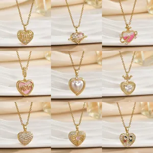 Fashion Starry Pink Rhinestone Heart Necklace For Women Copper Gold Plated Romantic Planet Pendant Enamel Jewelry Gift
