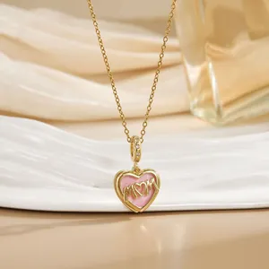 Pink heart-shaped pendant necklace with gold MOM carving and small diamonds for women