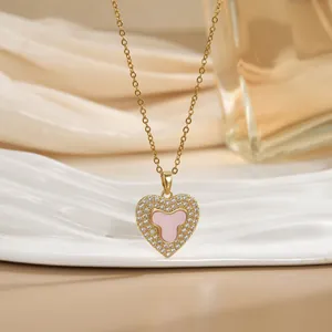 Pink clover heart pendant necklace in 18k gold plated stainless steel for women