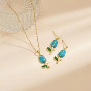 Elegantes vergoldetes Tulpen Halsketten und Ohrring Schmuckset mit blauem Emaille