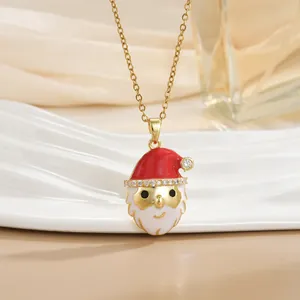 Collier doré sur le thème de Noël avec pendentif Père Noël en émail rouge et blanc